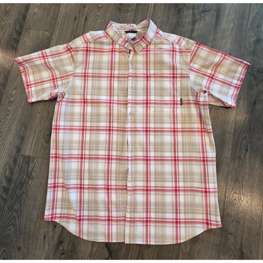 Men's sz XL Columbia Short Sleeve Plaid Button Down Shirt Red Tan 100% Cotton